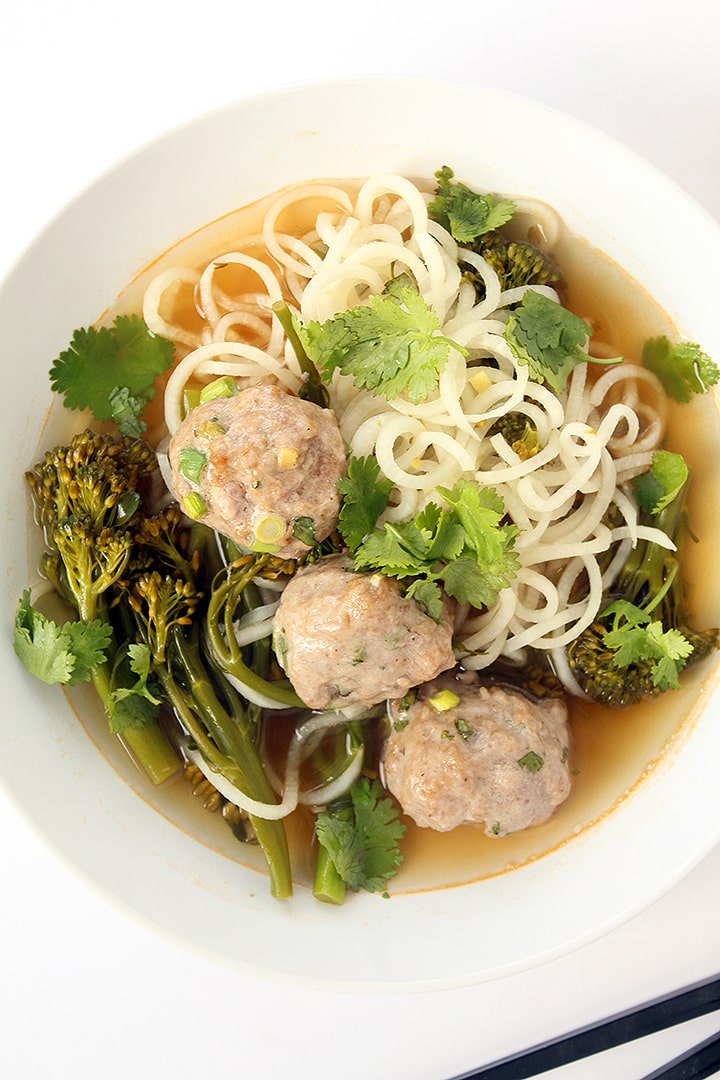 Daikon Noodles and Broccolini with Asian Pork Meatballs