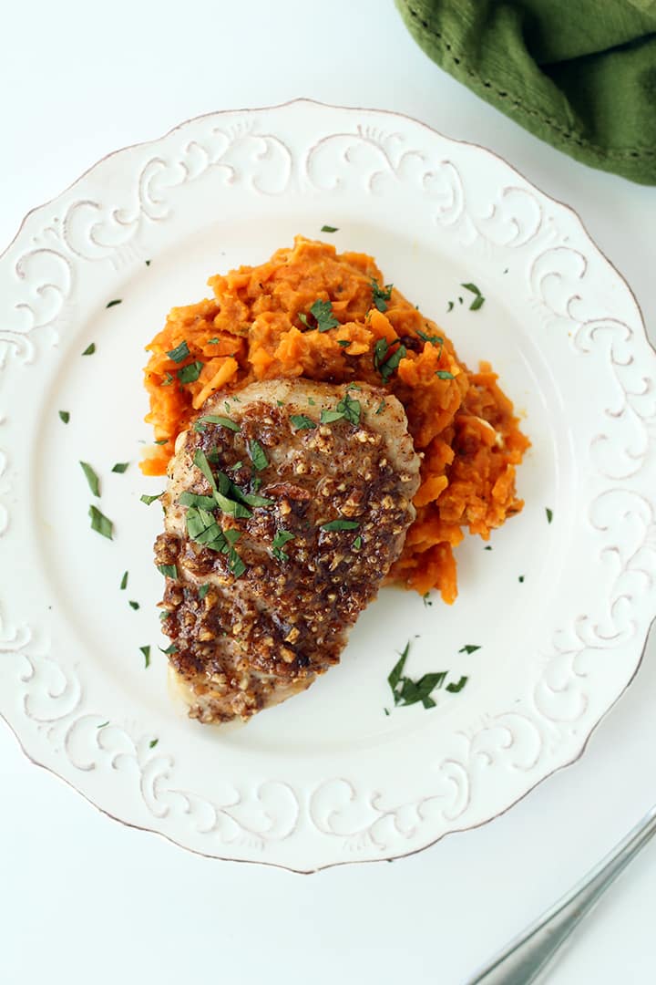 Pumpkin-Goat Cheese Sweet Potato “Risotto” with Maple-Pecan Crusted Pork