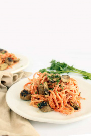 Carrot Noodles with Mushrooms and Sausage in a Cashew Cream Sauce