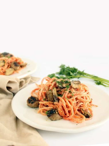 Carrot Noodles with Mushrooms and Sausage in a Cashew Cream Sauce
