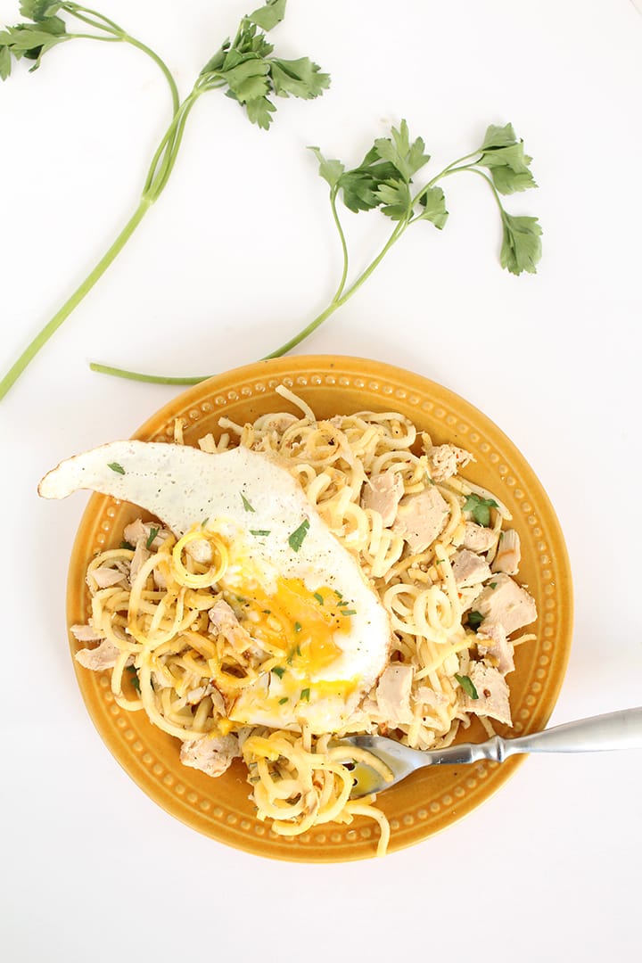 Parsnip Noodles with Tuna and Fried Egg
