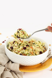 Zucchini Rice with Cranberries, Bacon, Goat Cheese and Walnuts with Maple-Dijon Dressing