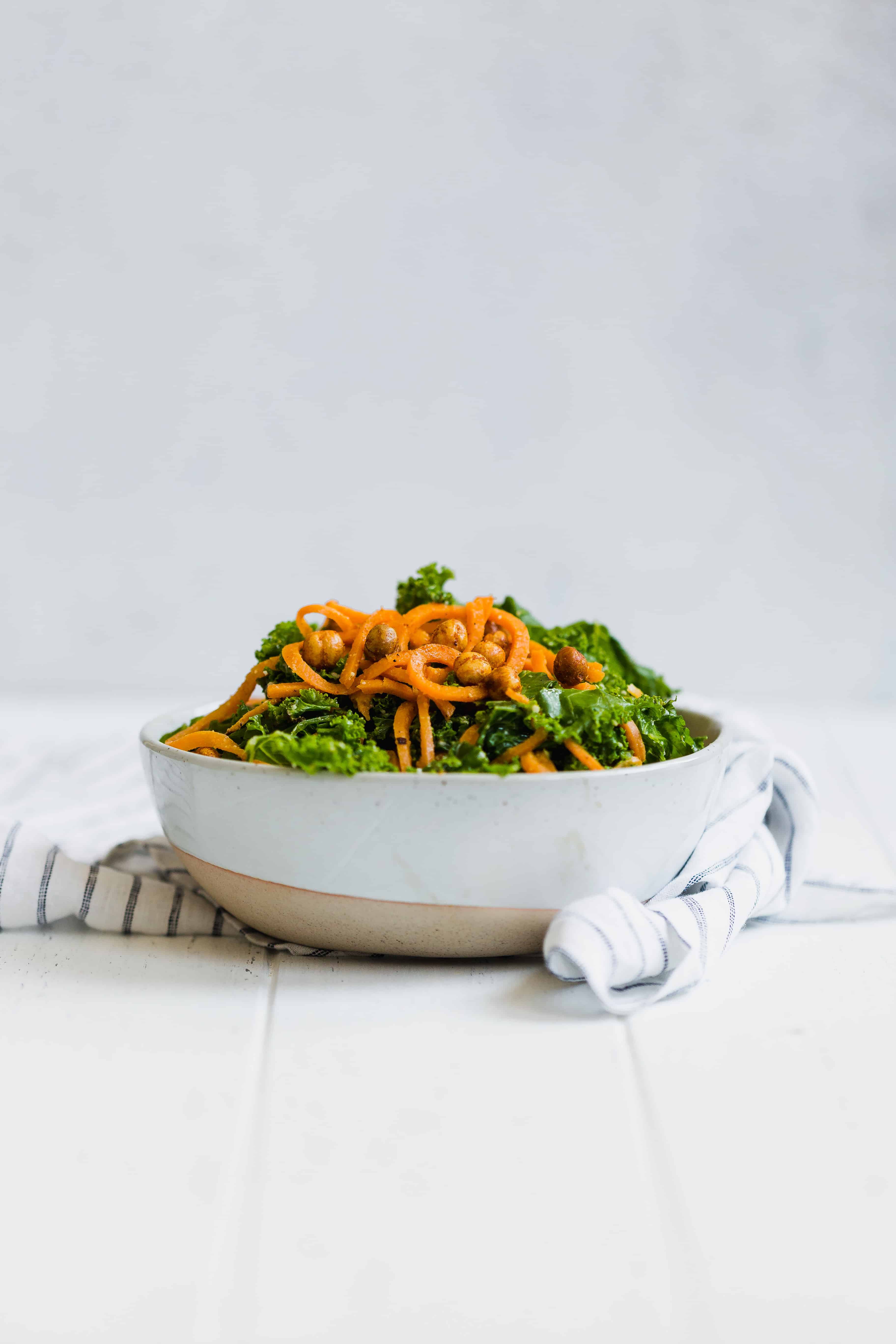 Vegan Kale and Sweet Potato Noodle Caesar Salad with Crispy Spiced Chickpeas