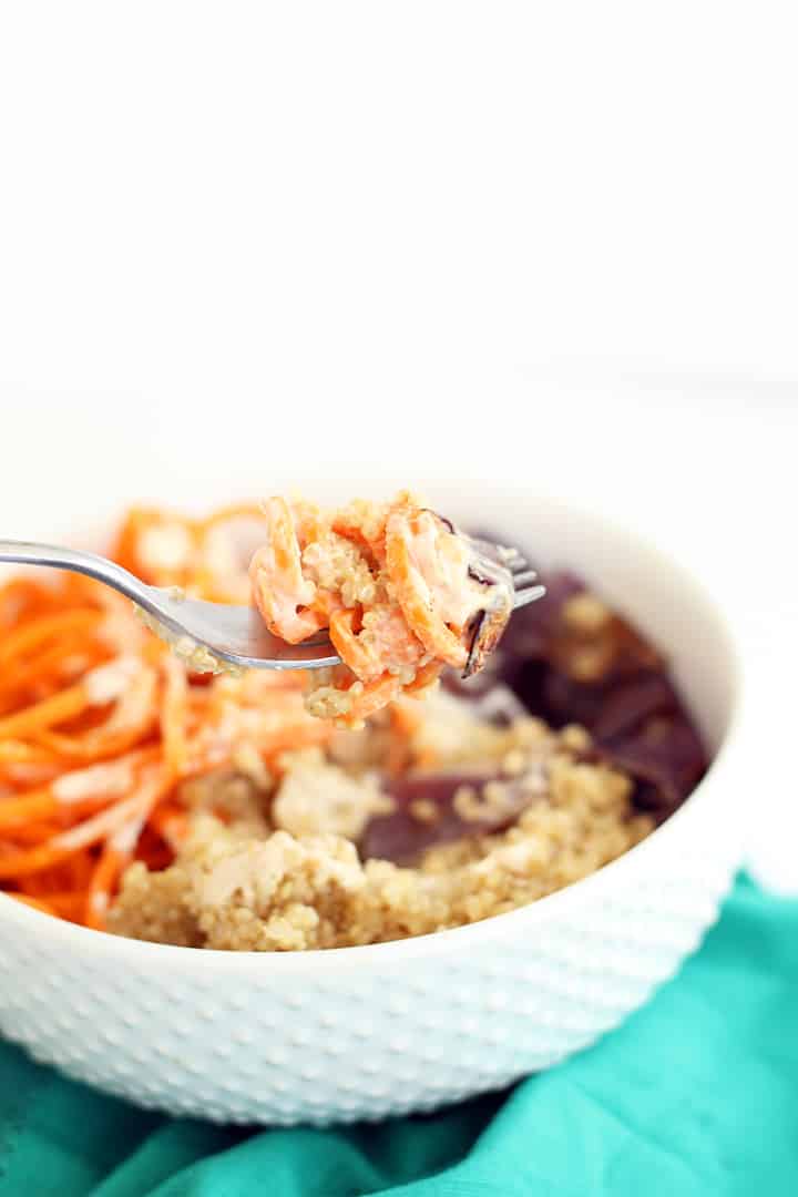 Sweet Potato, Roasted Onion and Quinoa Bowl with Tahini-Maple Dressing