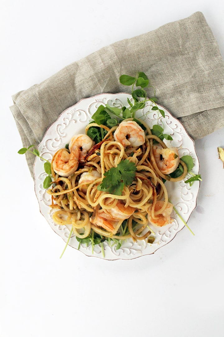 Miso-Ginger Glazed Taro Noodles and Shrimp with Scallions and Pea Shoots