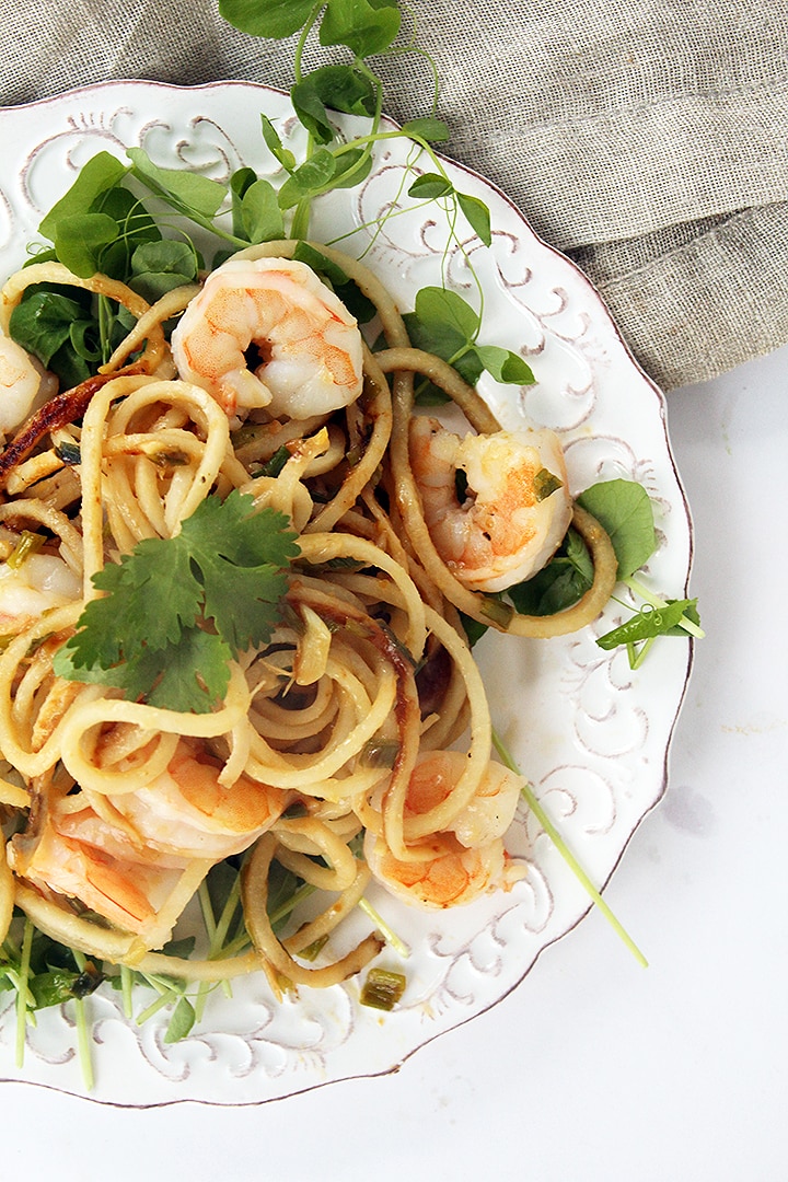 Miso-Ginger Glazed Taro Noodles and Shrimp with Scallions and Pea Shoots