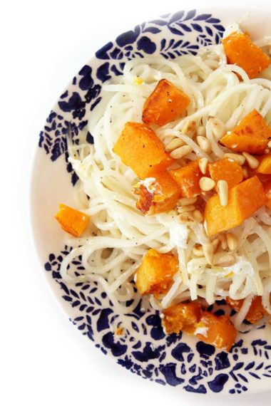 Turnip Noodles with Roasted Butternut Squash, Toasted Pine Nuts and Goat Cheese