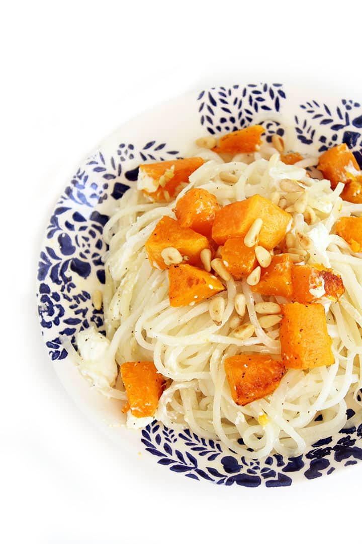 Turnip Noodles with Roasted Butternut Squash, Toasted Pine Nuts and Goat Cheese