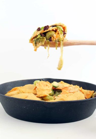 Vegan Sweet Potato and Brussels Sprout Gratin with Marcona Almond-Maple Cream Sauce