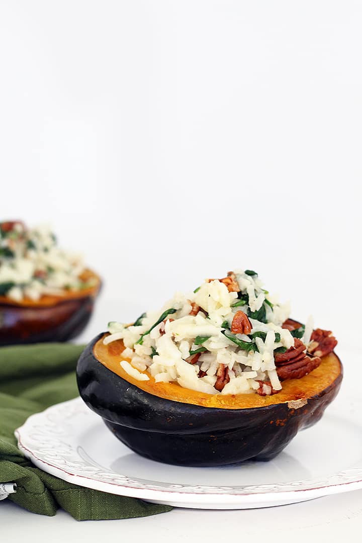 Turnip and Spinach Rosemary “Risotto” Stuffed Acorn Squash with Pecans