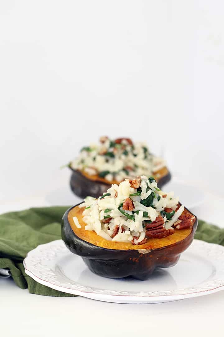 Turnip and Spinach Rosemary “Risotto” Stuffed Acorn Squash with Pecans 