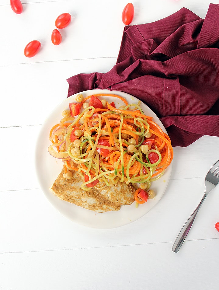 Indian-Spiced Cod and Spiralized Vegetable-Garbanzo Salad