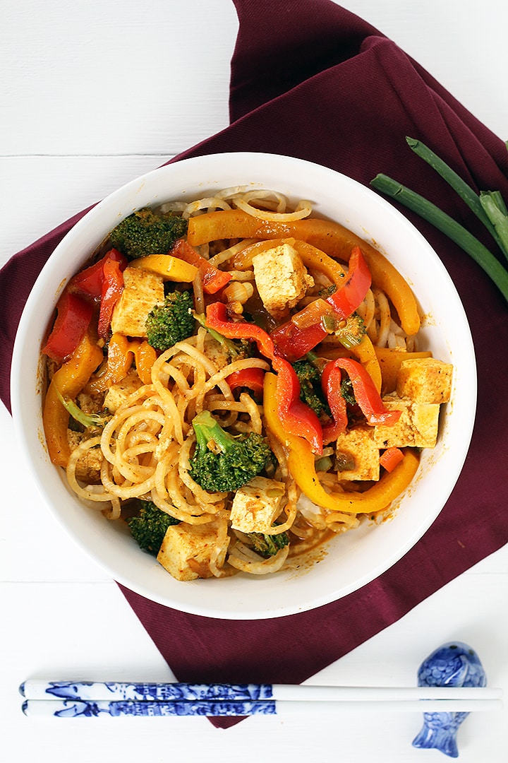 Vegetable and Tofu Coconut Red Curry Daikon Noodles 