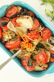Roasted Fennel with Sweet Potato Noodles, Charred Tomatoes, Olives and Pecorino