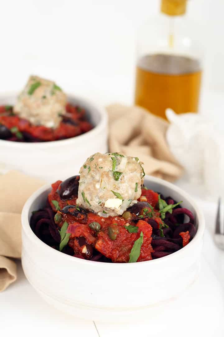 Greek Paleo Turkey Meatballs and Tomato Beet Spaghetti