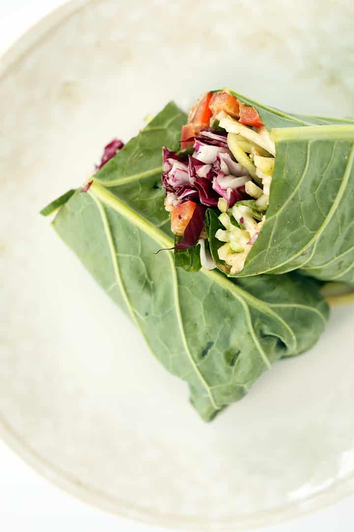 Thai Zucchini and Cucumber Noodle Collard Green Wraps with Almond Butter Sauce