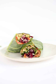 Thai Zucchini and Cucumber Noodle Collard Green Wraps with Almond Butter Sauce