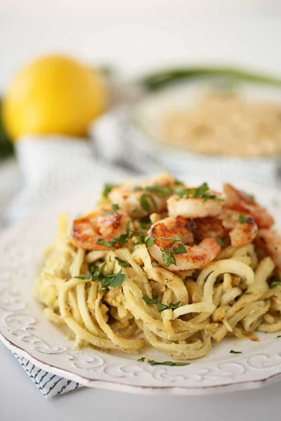 Parsnip Noodles with Lemon-Basil Cashew Cream Sauce and Garlic Shrimp