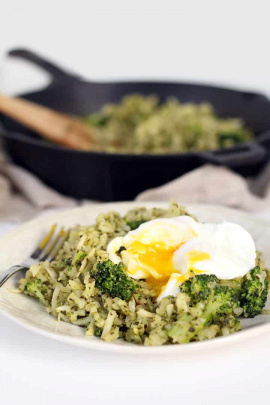 Pesto Turnip and Broccoli Rice with Poached Egg