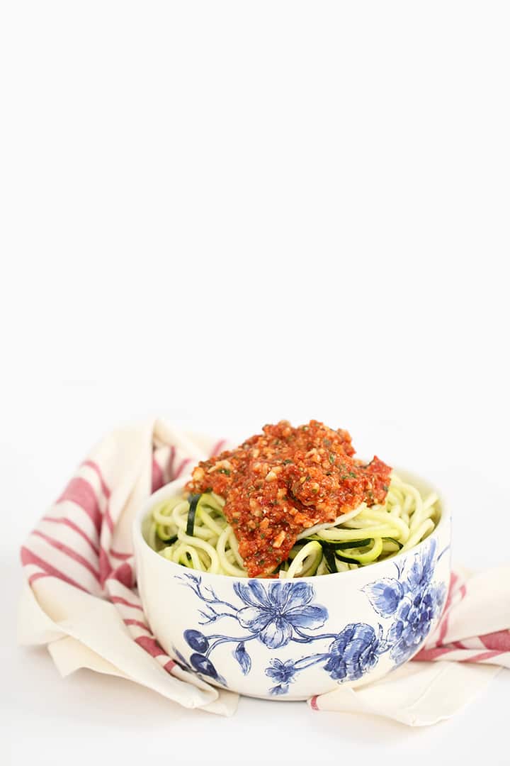 Zucchini Noodles with Fire Roasted Tomato and Crunchy Almond Pesto