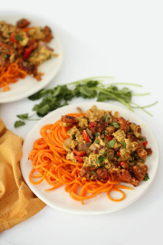 Spicy Chorizo “Migas” with Sweet Potato Noodles