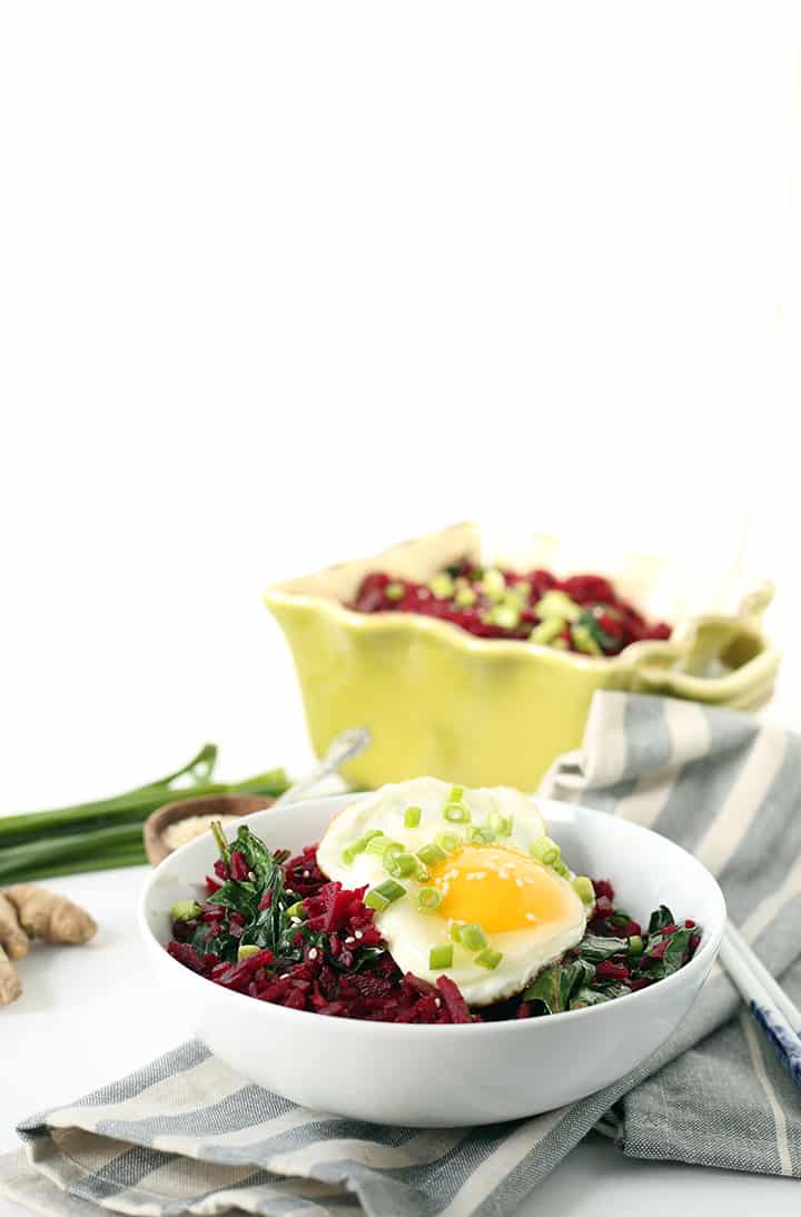 Crunchy Miso Beet Rice with Spinach and Egg