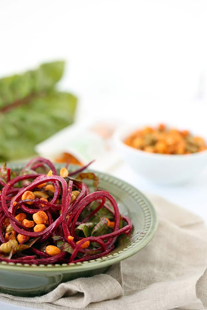 Raw Beet Noodle and Rainbow Chard Salad with Avocado-Ranch Dressing 