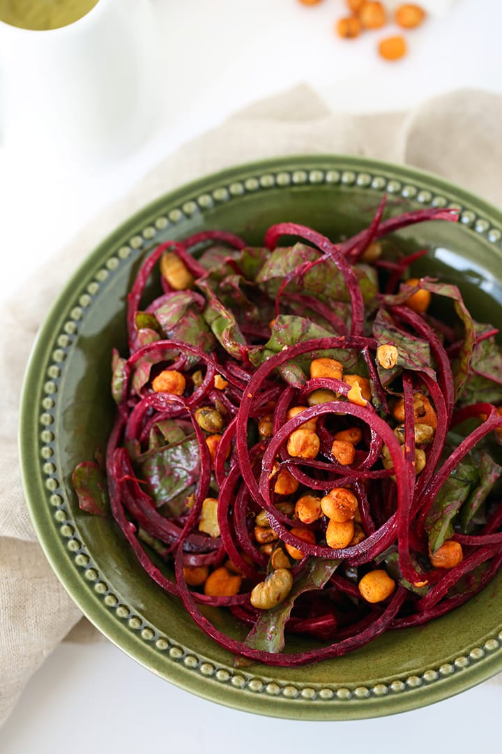 Raw Beet Noodle and Rainbow Chard Salad with Avocado-Ranch Dressing 