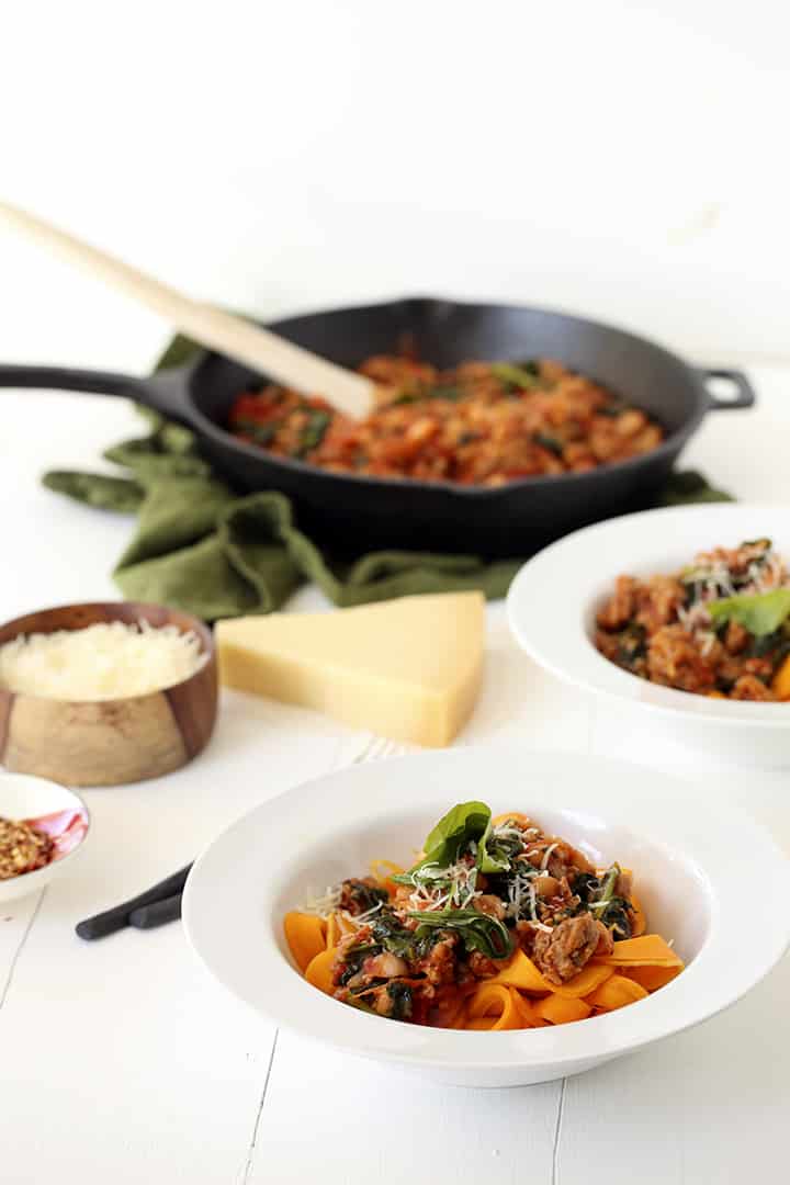 Tuscan Kale and Sausage Ragu with Butternut Squash Fettuccine