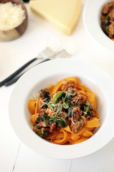 Tuscan Kale and Sausage Ragu with Butternut Squash Fettuccine