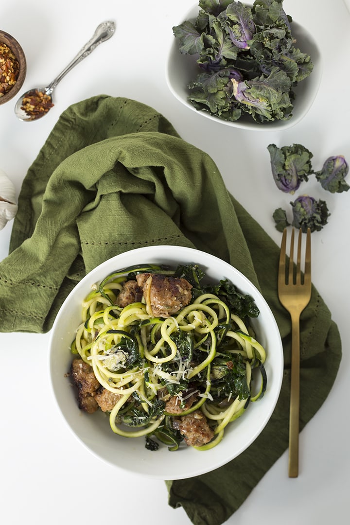Spicy Parmesan-Garlic Zucchini Pasta with Sausage and Kalettes
