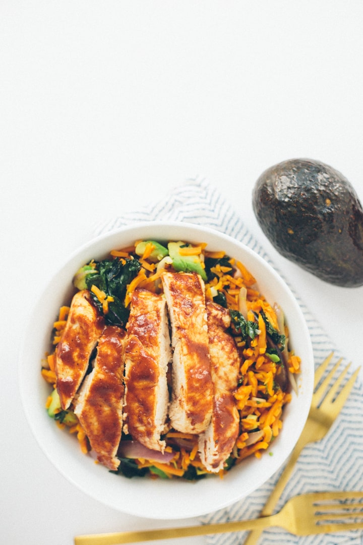 Red Kale and Sweet Potato Rice Bowls with BBQ Chicken 