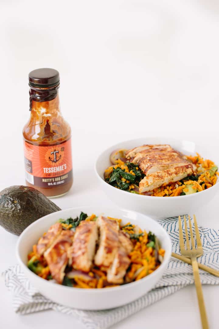 Red Kale and Sweet Potato Rice Bowls with BBQ Chicken