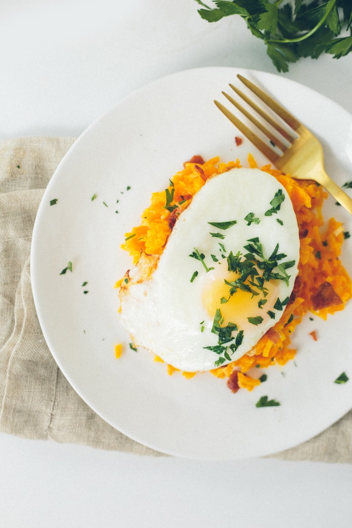 Butternut Squash Breakfast Risotto with Fried Egg and Bacon