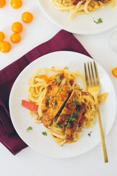 Moroccan Chicken and Roasted Red Pepper Kohlrabi Pasta