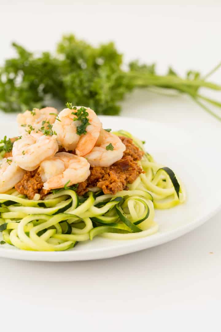 Romesco Garlic Shrimp with Zucchini Noodles