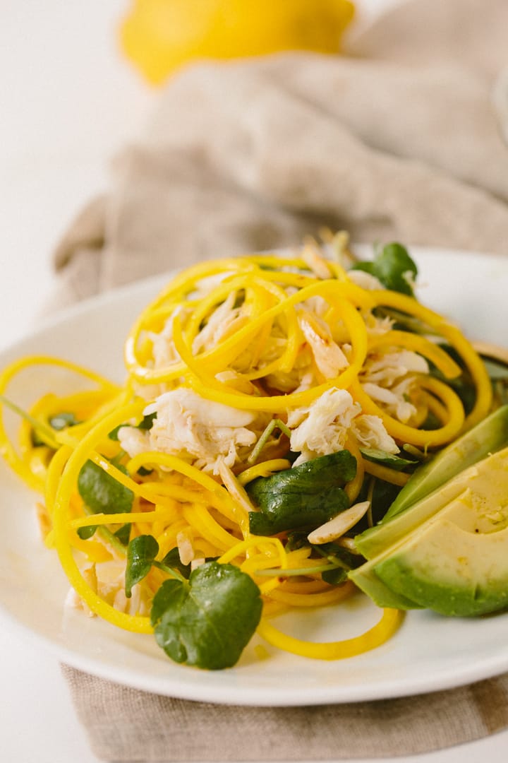Jalapeno-Citrus Golden Beet Noodle Salad with Crab, Avocado and Toasted Almonds
