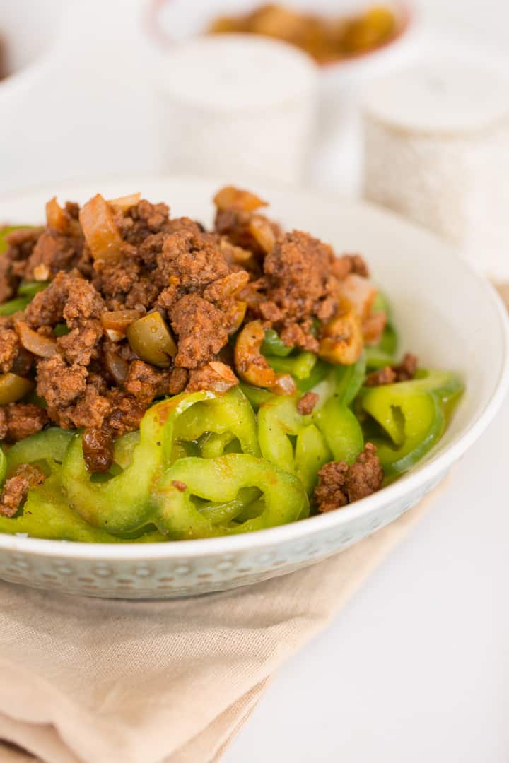 Beef Picadillo with Spiralized Green Bell Peppers
