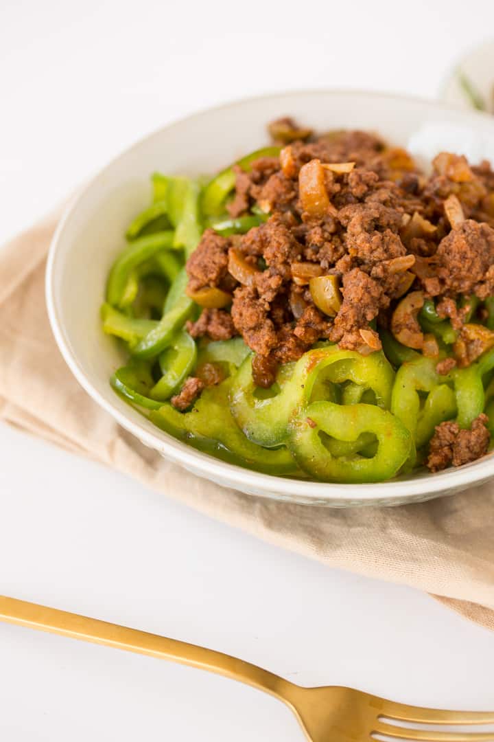 Beef Picadillo with Spiralized Green Bell Peppers