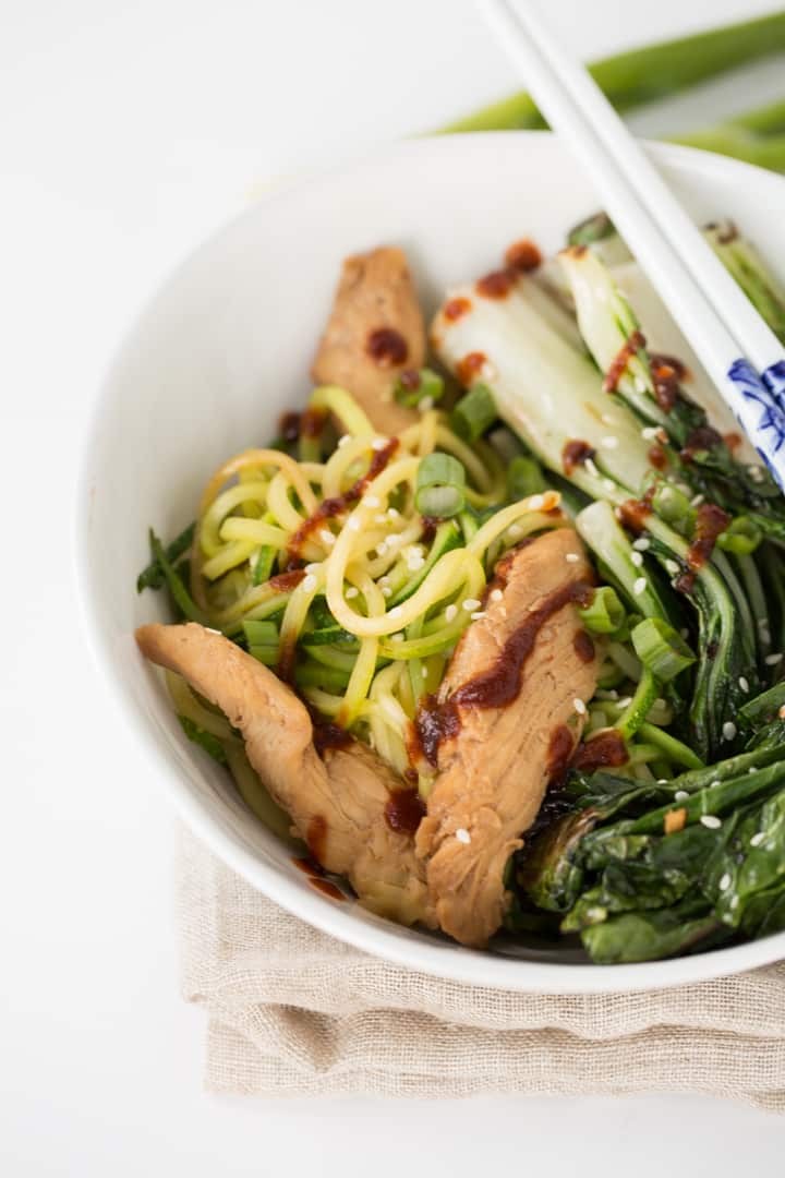 Sesame Chicken and Bok Choy Zucchini Noodle Bowl with Sriracha 