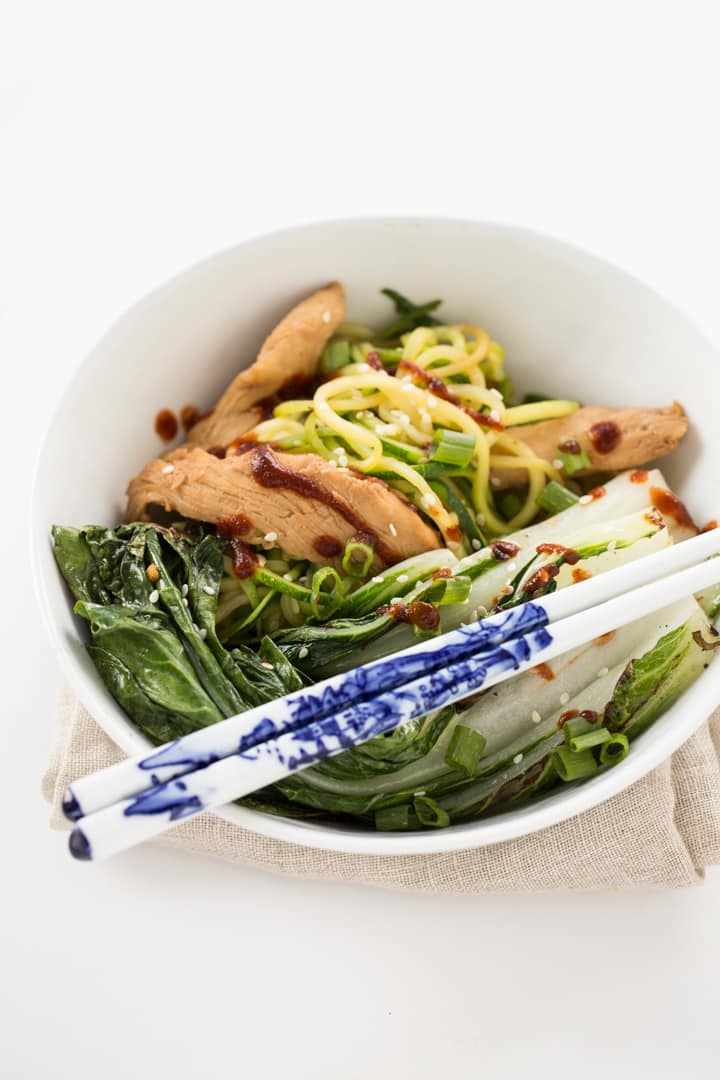 Sesame Chicken and Bok Choy Zucchini Noodle Bowl with Sriracha 