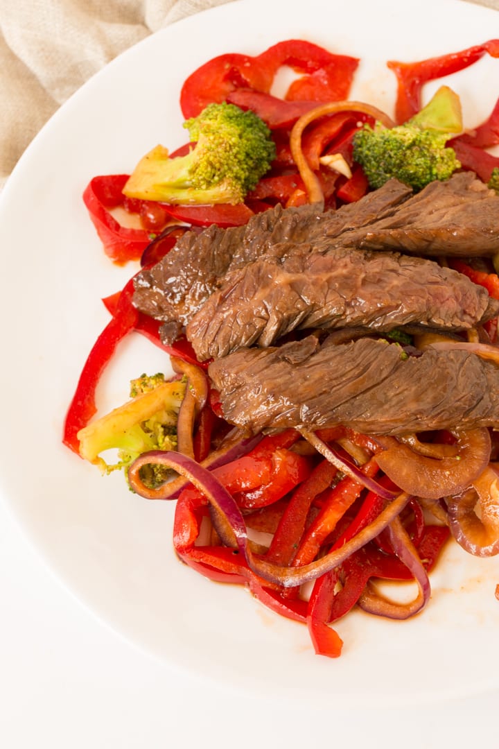Spicy Beef and Broccoli Stir Fry with Spiralized Peppers and Onions
