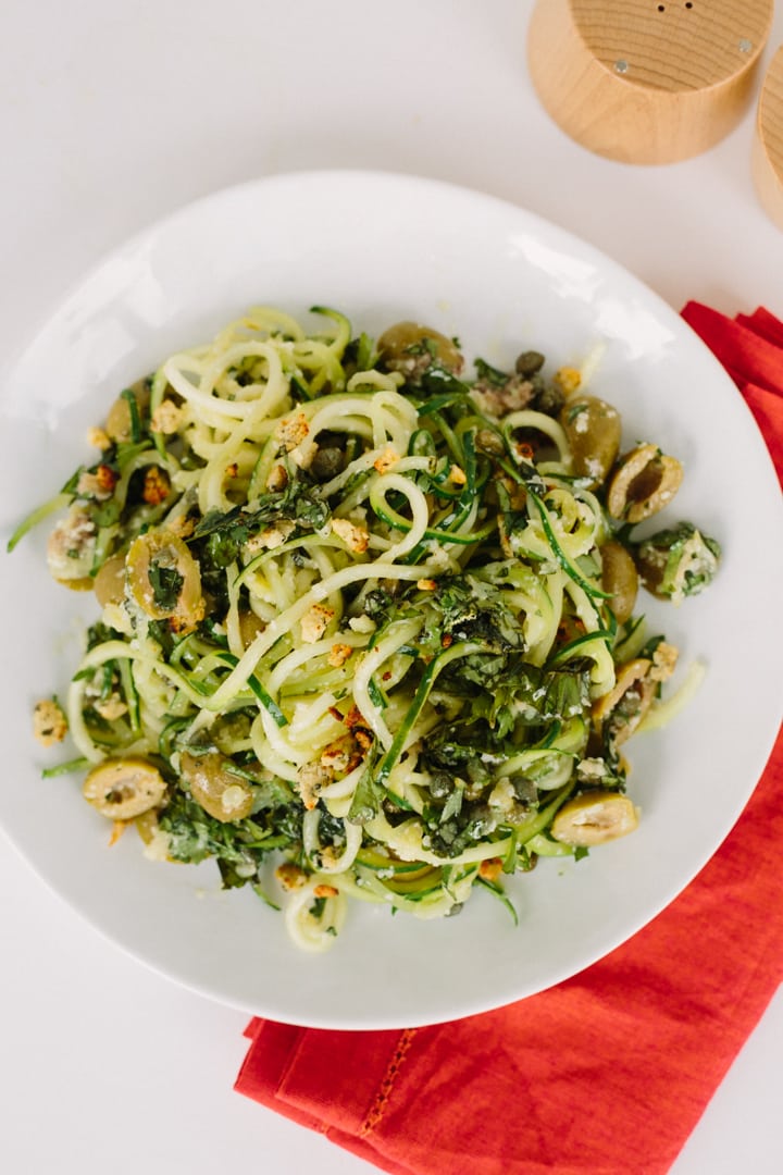 Zucchini Linguine with Green Olive Sauce and Zesty Gluten-Free Breadcrumbs