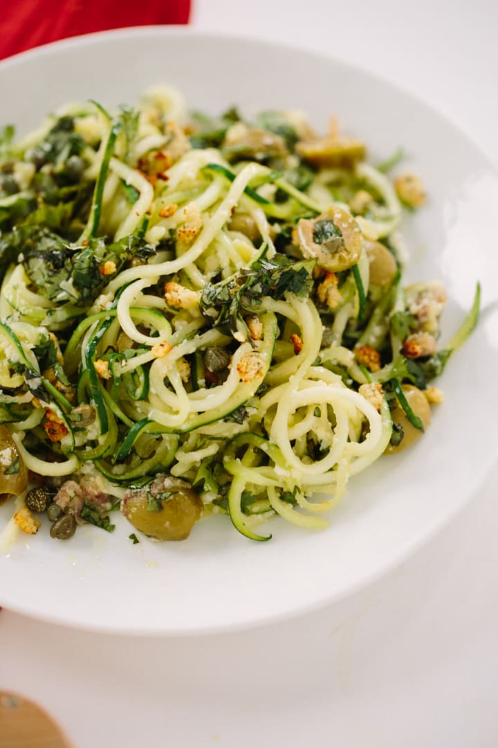 Zucchini Linguine with Green Olive Sauce and Zesty Gluten-Free Breadcrumbs
