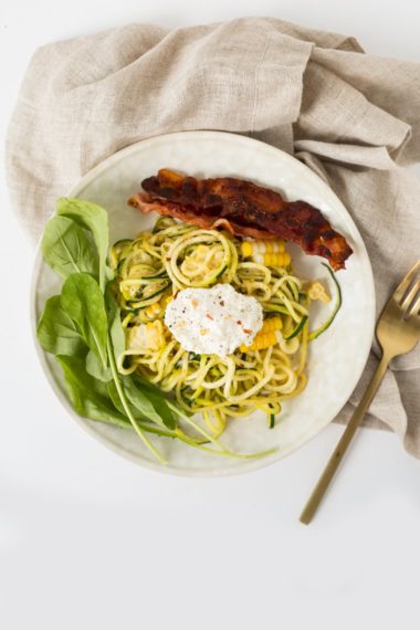 Zucchini Noodles and Arugula with Bacon, Corn and Ricotta