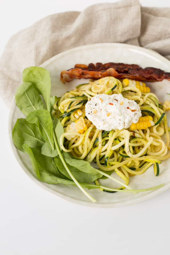 Zucchini Noodle and Arugula Salad with Bacon, Corn and Ricotta