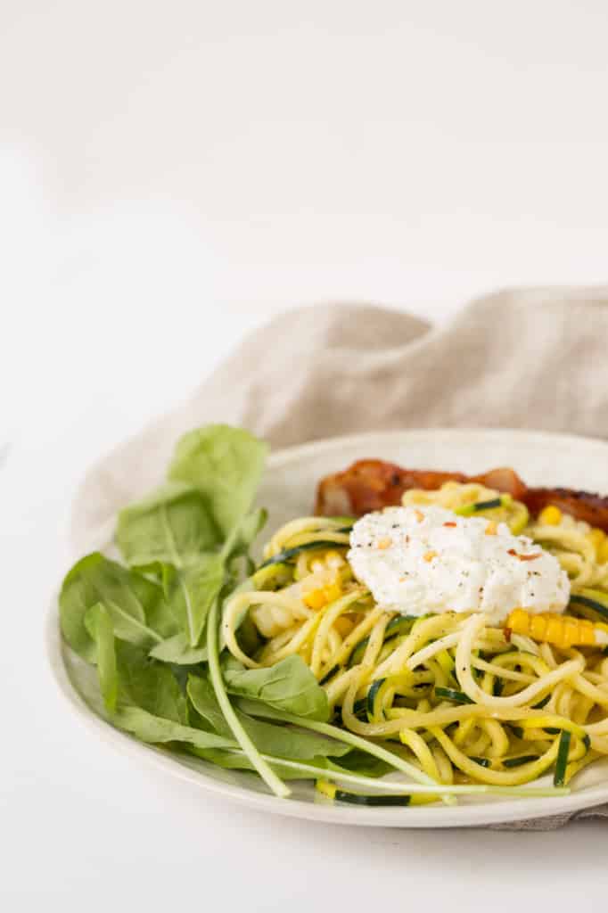 Zucchini Noodle and Arugula Salad with Bacon, Corn and Ricotta