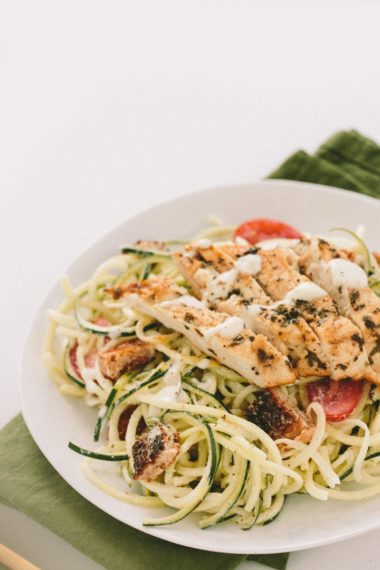 Gluten-Free Caesar Zucchini Noodles with Lemon-Parsley Chicken and Tomatoes