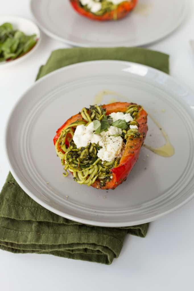 Roasted Red Peppers Stuffed with Goat Cheese, Pesto and Zucchini Noodles