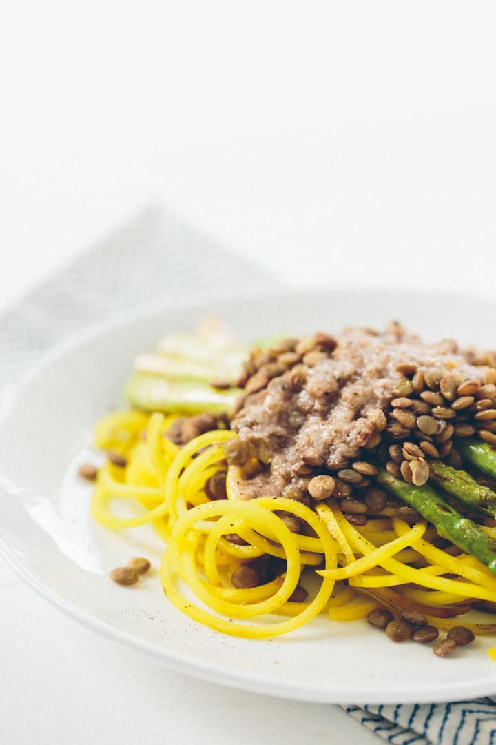 Golden Beet Pasta with Grilled Asparagus, Lentils and Roasted Garlic-Parmesan Dressing